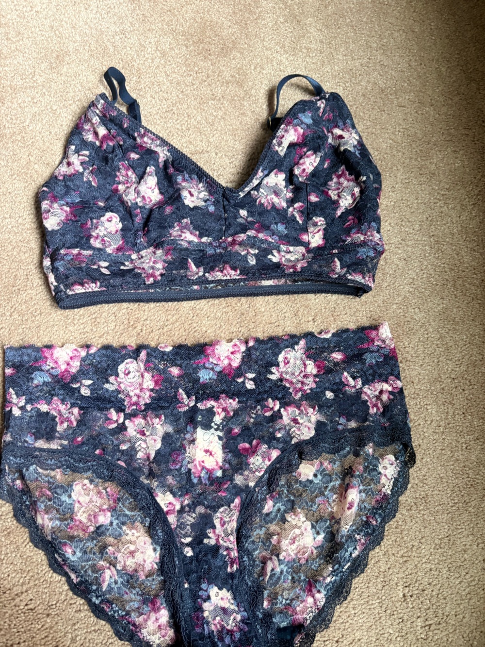 Jessica Simpson Floral Lace Bralette Set in Navy with Pink Roses